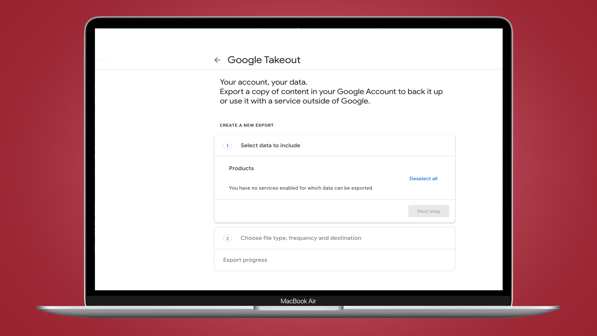 Google Takeout screen