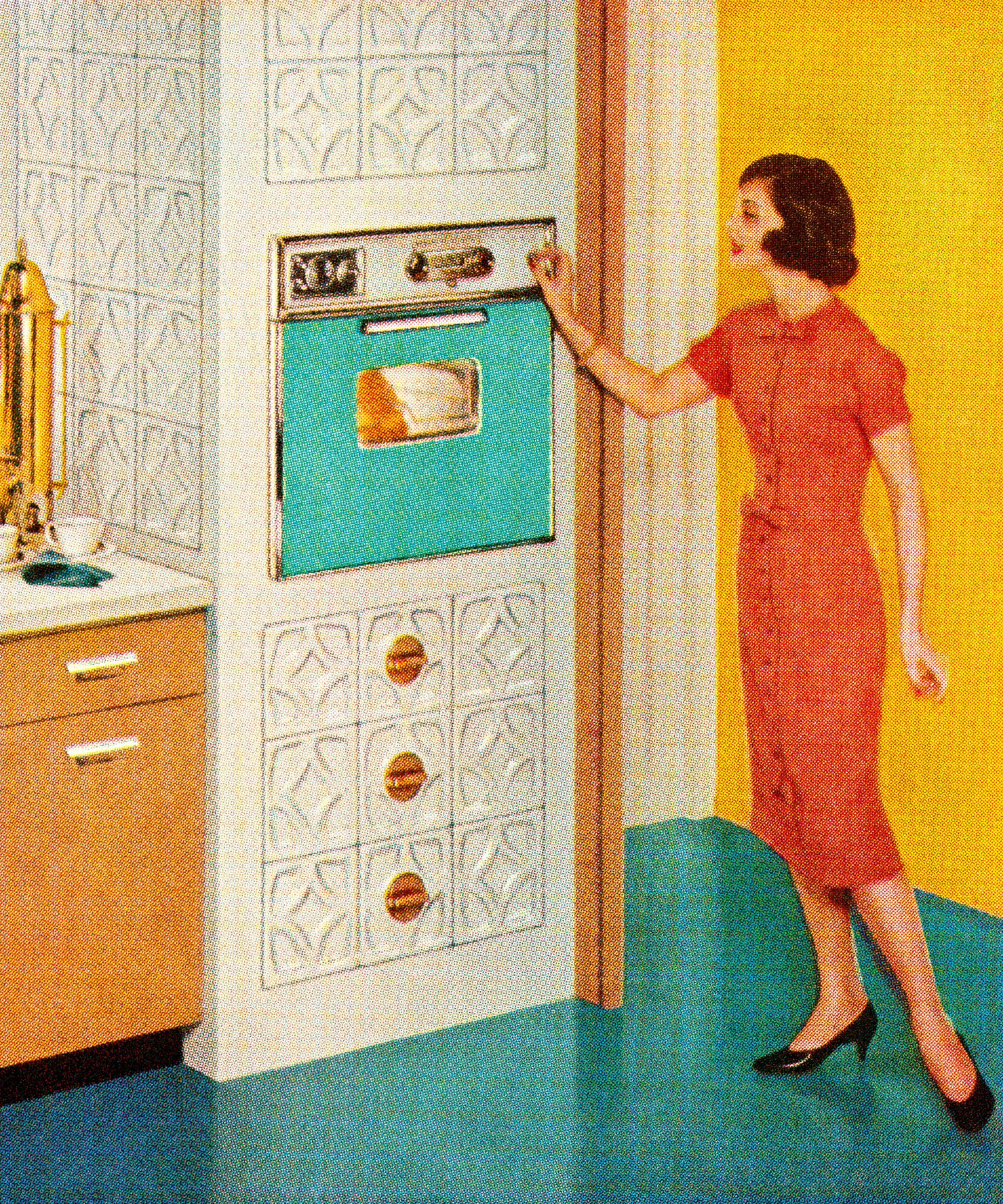 retro advert featuring a woman in a kitchen with a retro turquoise oven