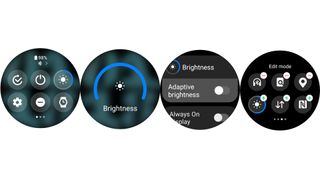 Galaxy Watch 6 screenshots showing how to adjust screen brightness, turn on adaptive brightness, or edit your Quick Settings to add brightness.