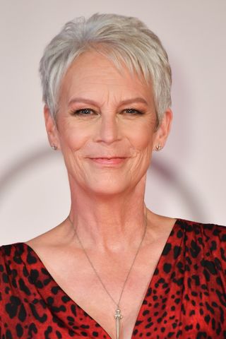 Jamie Lee Curtis has a grey pixie cut whilst attending the red carpet of the movie "Halloween Kills" during the 78th Venice International Film Festival on September 08, 2021 in Venice, Italy.
