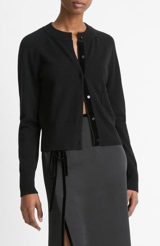 Velvet Trim Wool 
Cashmere Cardigan