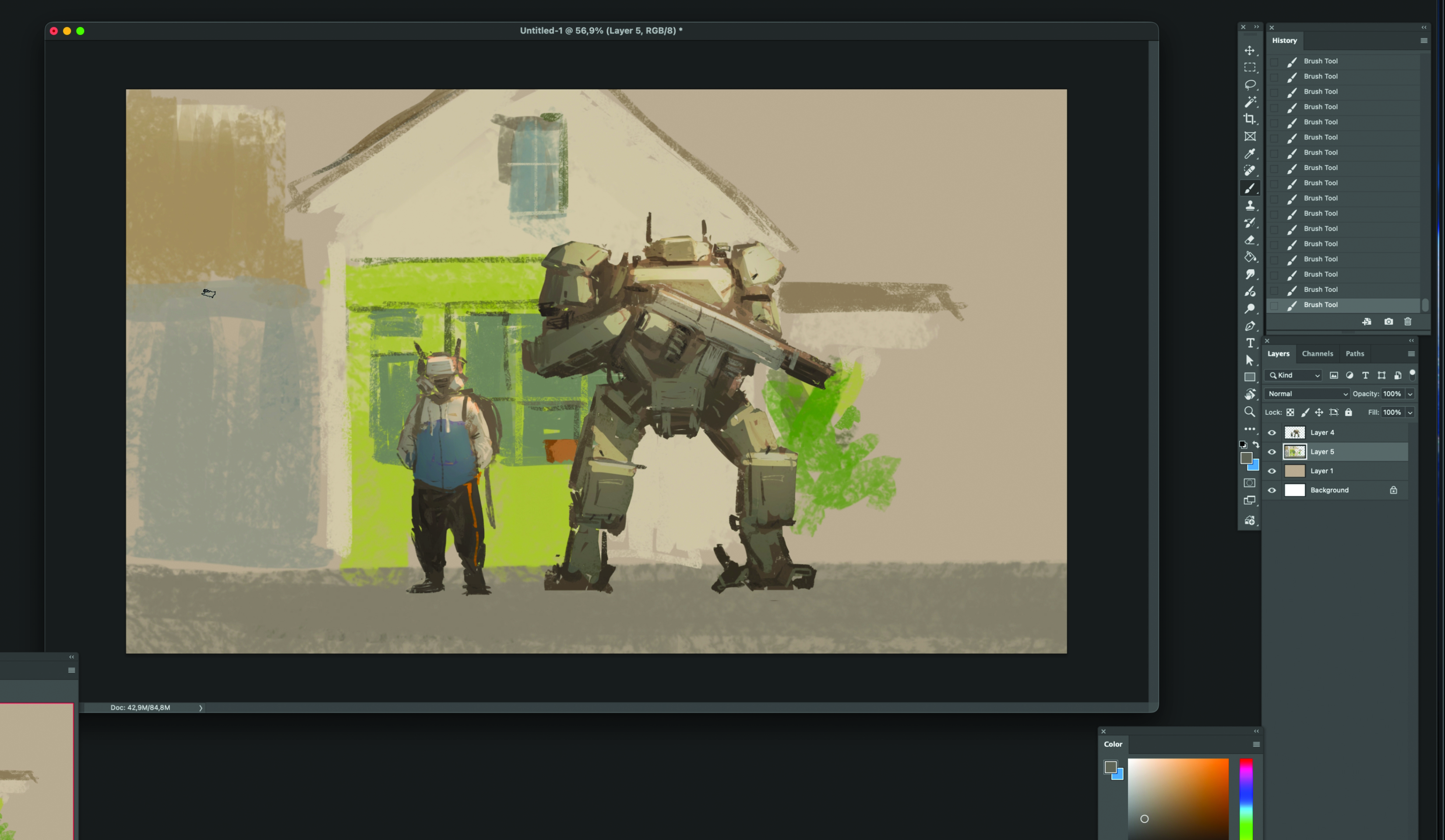 Part of the process of creating concept art with a robot character