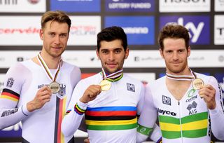 Roger Kluge (Germany), Fernando Gaviria (Colombia) and Glenn O'Shea (Australia) pose with their omnium medals