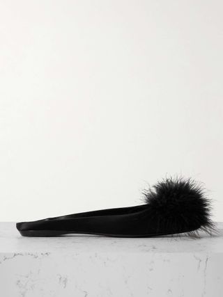 Feather-Trimmed Satin Slippers