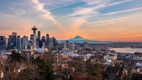 The skyline of Seattle during sunset.
