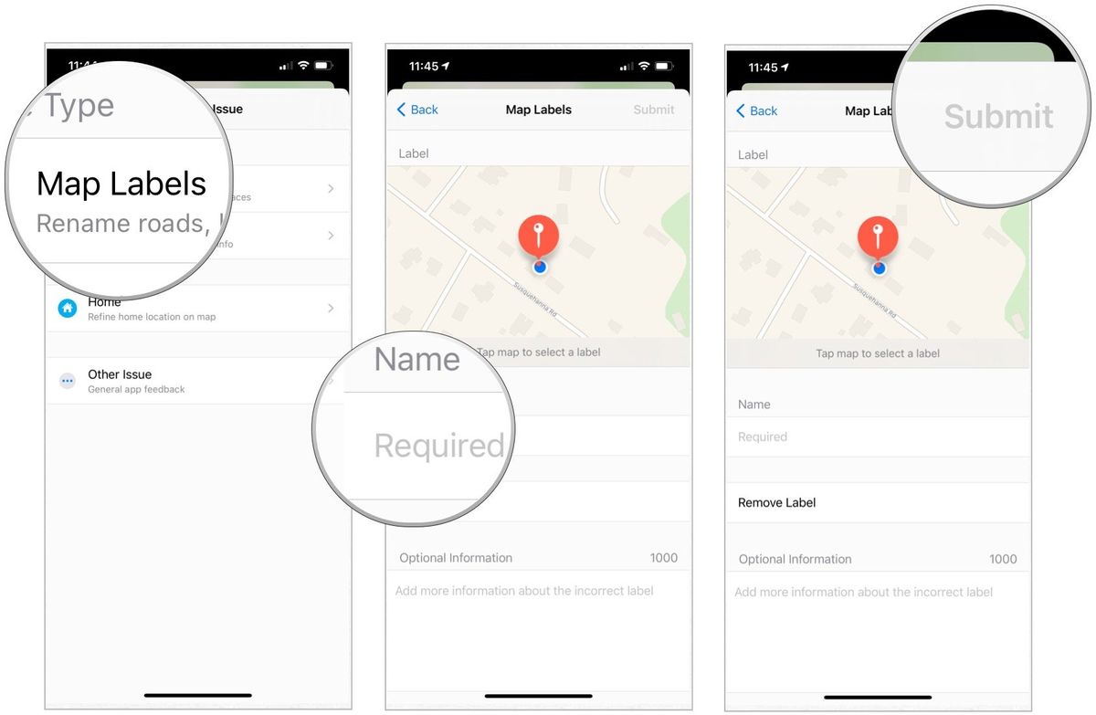 To report an issue in Apple Maps, tap Agree, then tap on the issue type. Choose a road or location you want to report on. Add information, then choose Submit.