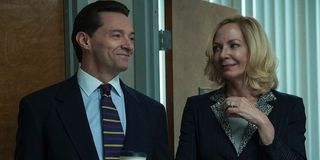 Bad Education Hugh Jackman and Alison Janney stand smiling in their office