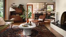Joanna Gaines mid-century modern Lake house living room 