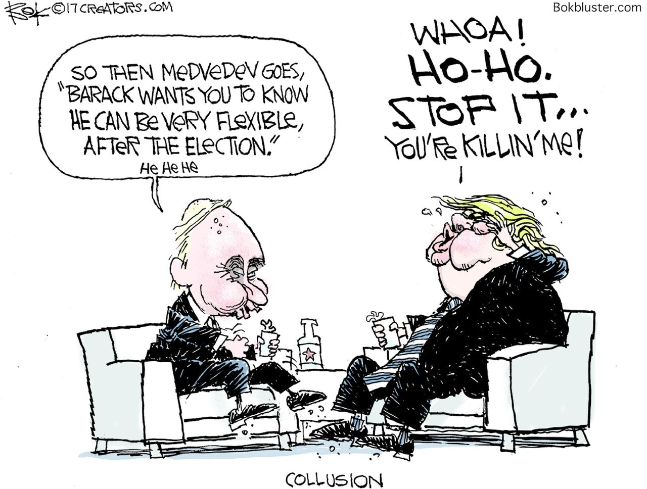 Political cartoon U.S. Putin Trump Medvedev G20 meeting Russia investigation liberal media bias