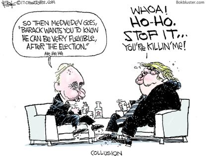 Political cartoon U.S. Putin Trump Medvedev G20 meeting Russia investigation liberal media bias