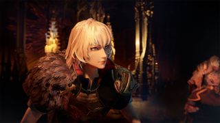 A blonde character from Bloodstained: The Scarlet Engagement looks on in a dark hallway