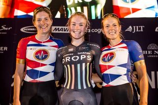 The podium of the Rapha Nocturne women's event won by Lucy Shaw