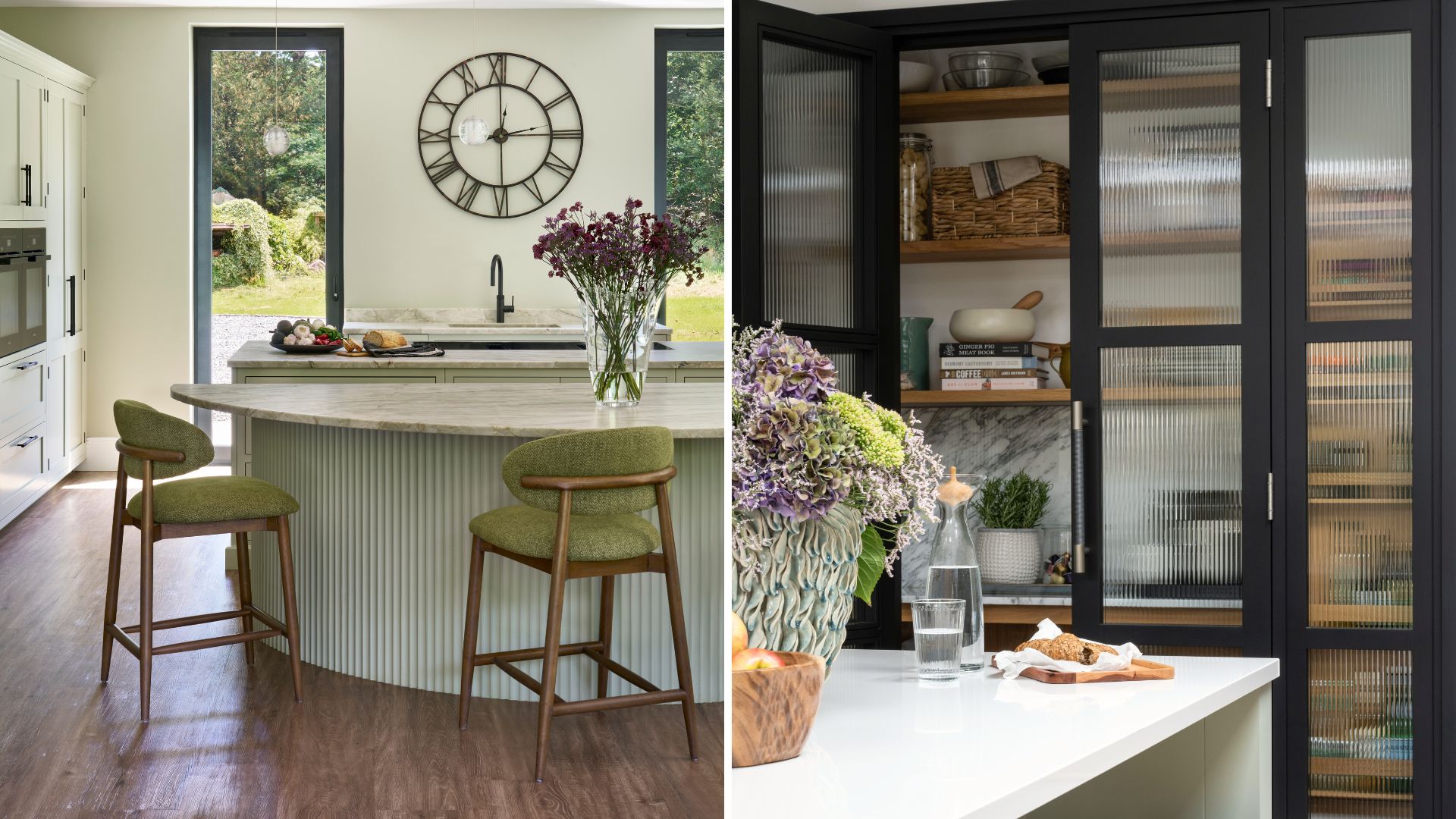 Split image showing fluting kitchen trend on a kitchen island and glass cabinet doors