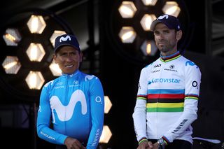 Nairo Quintana and Alejandro Valverde (Movistar) on stage at the Tour de France presentation in Brussels