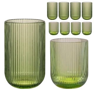 Weirduncle Set of 8 Ribbed Glassware,4 Highball Glasses 14oz & 4 Rocks Drinking Glasses 9oz, Green, Origami Style, Fluted Design, for Milk, Water, Cocktail, Juice, Beer, Toothbrush Cup, Gift