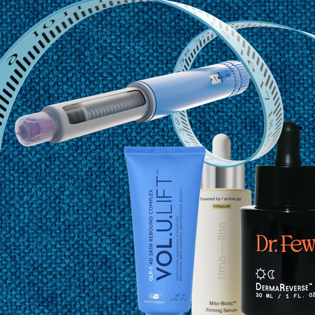 glp-1 skincare next to an ozempic pen