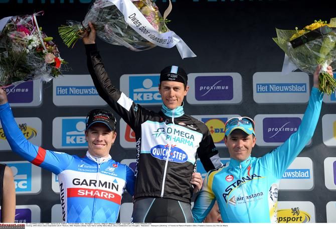 The Dwars door Vlaanderen podium: Tyler Farrar, Niki Terpstra and Borut Bozic