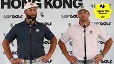 Jon Rahm and Bryson DeChambeau speaking to the media at a LIV Golf tournament and a yellow Inside The Ropes sticker in the top-right