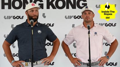 Jon Rahm and Bryson DeChambeau speaking to the media at a LIV Golf tournament and a yellow Inside The Ropes sticker in the top-right