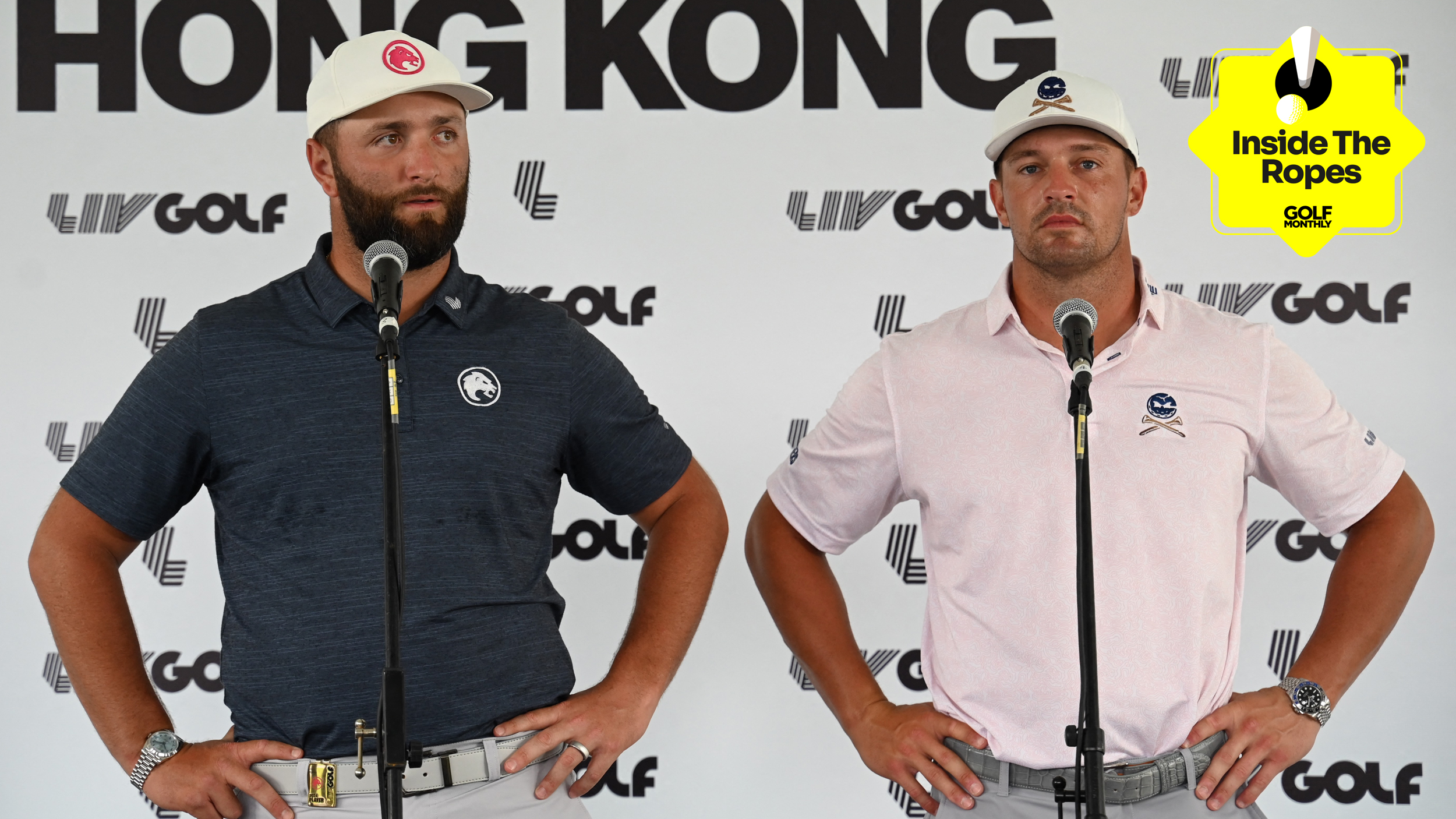 Jon Rahm and Bryson DeChambeau speaking to the media at a LIV Golf tournament and a yellow Inside The Ropes sticker in the top-right