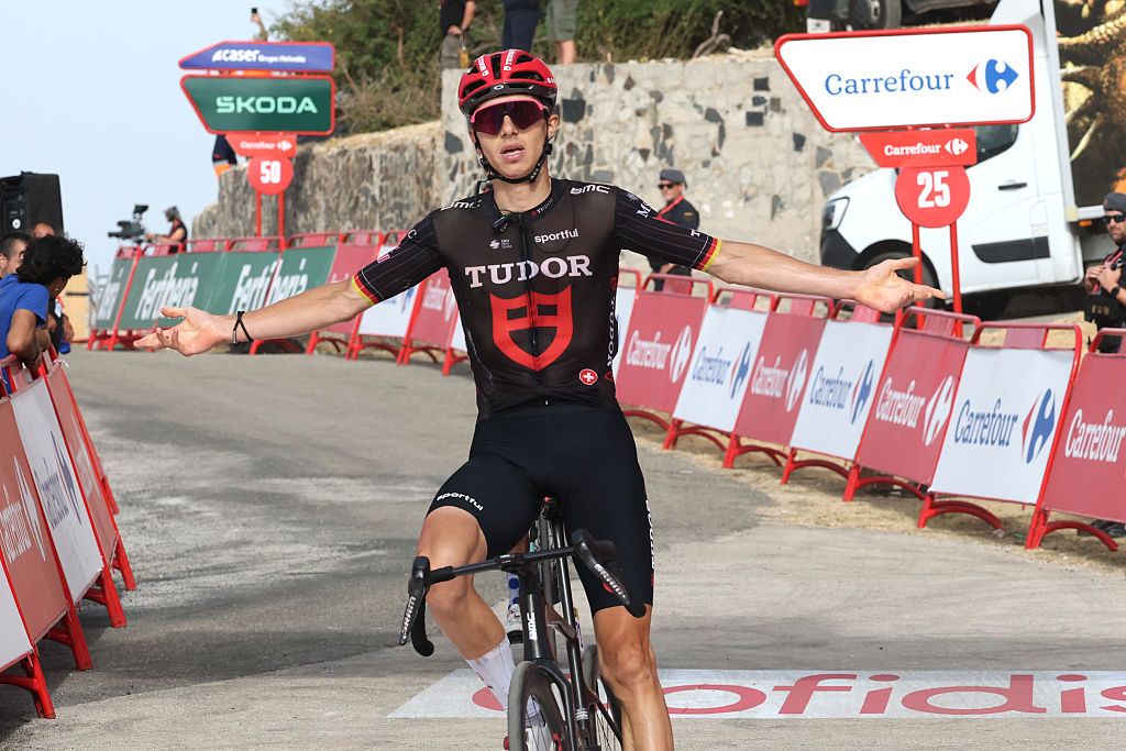 SIERRA DE LA PANDERA, SPAIN - SEPTEMBER 05: Marco Brenner of Germany and Team Tudor Pro Cycling celebrates at finish line as stage winner during the La Vuelta - 81st Tour of Spain 2026, Stage 14 a 154.5km stage from Jaen to Sierra de la Pandera 1816m / #UCIWT / on September 05, 2026 in Sierra de la Pandera, Spain. (Photo by Alexander Hassenstein/Getty Images)
