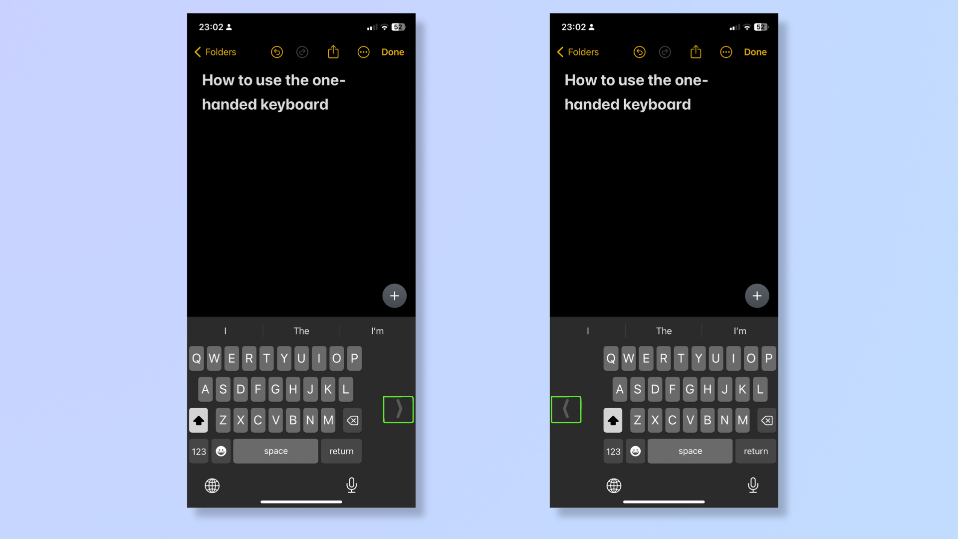 Снимок экрана iPhone, на котором показана клавиатура для управления одной рукой. 