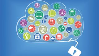 A drawing of a cloud holding numerous apps with an open padlock hanging from it