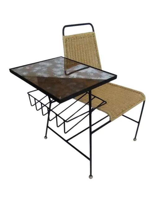 Unique Wrought Iron and Wicker Gossip Bench in the Style of Arthur Umanoff 1950s