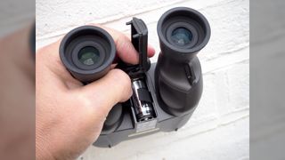 Close up Canon 10x20 IS Binoculars.
