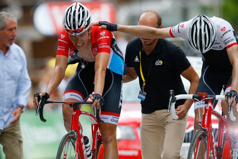 Trek teammates Bob Jungels and Bauke Mollema finish stage 17.