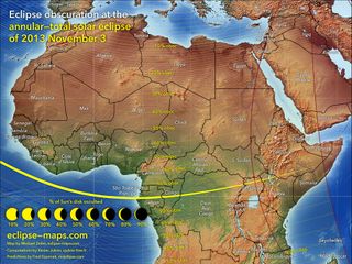 This map of the Nov. 3, 2013 solar eclipse shows the path of totality and percentage of sun coverage by the moon across Africa. Cartographer Michael Zeiler of Eclipse-Maps.com.