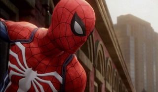 spiderman clings to wall in Insomniac game