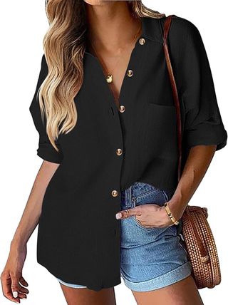 HOTOUCH, Hotouch Womens Black Button Down Shirt Loose-Fit Long Sleeve V Neck Collar Office Casual Shirt Blouse With Pocket Black L