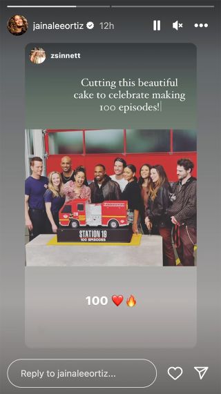 Jaina Lee Ortiz reposting an Instagram Story from Zaiver Sinnett about the 100th episode of Station 19.