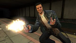 En skärmdump från Max Payne som visar en karaktär med två pistoler i händerna