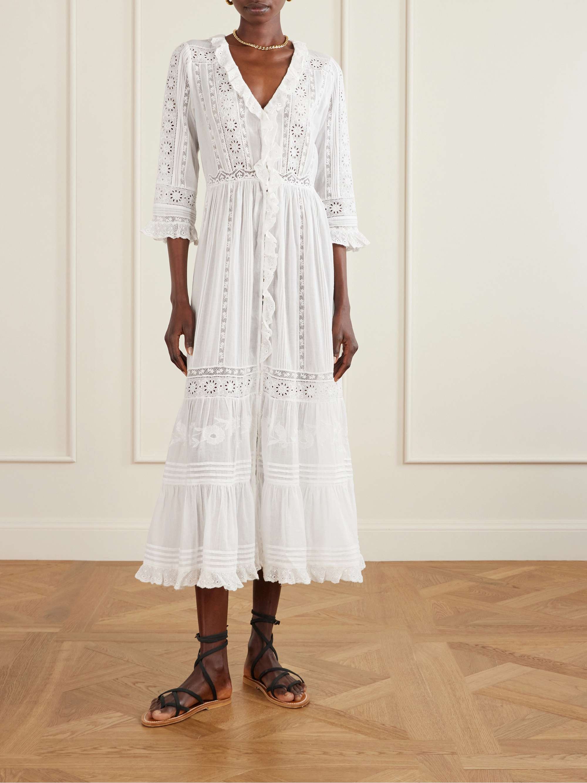 Clemencia Ruffled Lace-Trimmed Organic Cotton-Voile Midi Dress