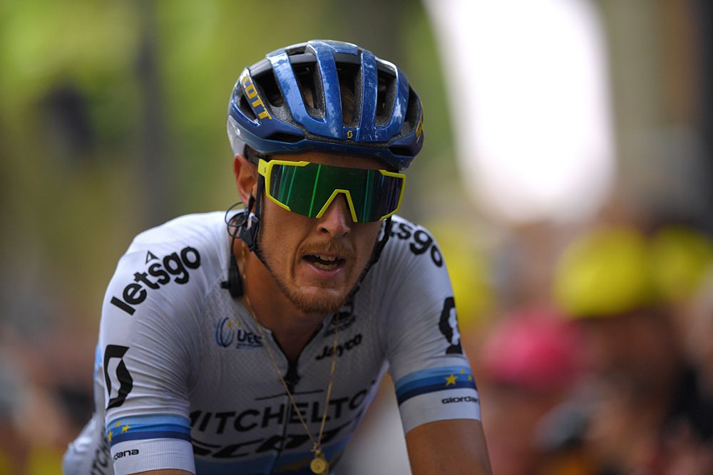 Matteo Trentin (Mitchelton-Scott) celebrates a solo victory on stage 17 at the Tour de France