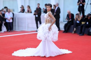 Taylor Russell attends a red carpet for the movie "Beetlejuice Beetlejuice" during the 81st Venice International Film Festival at on August 28, 2024 in Venice, Italy.