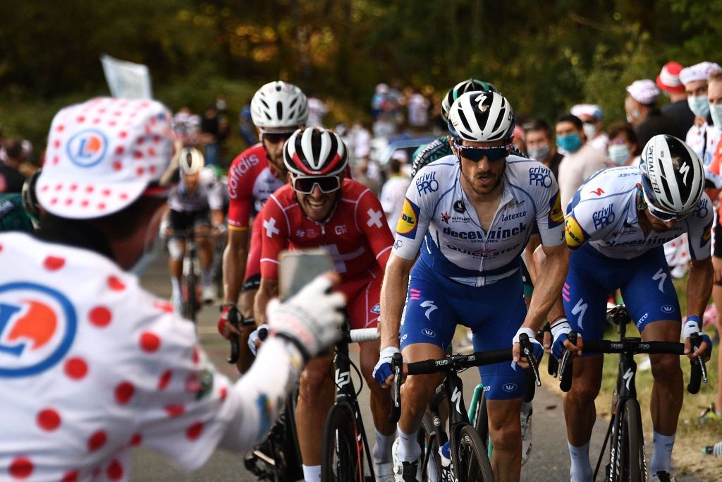 Team Deceuninck rider Frances Julian Alaphilippe rides with escapees during the 12th stage of the 107th edition of the Tour de France cycling race 218 km between Chauvigny and Sarran on September 10 2020 Photo by AnneChristine POUJOULAT POOL AFP Photo by ANNECHRISTINE POUJOULATPOOLAFP via Getty Images