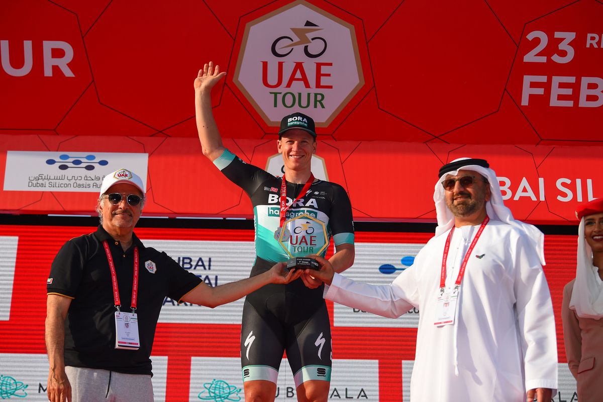 Pascal Ackermann (Bora-Hansgrohe) gets the trophy