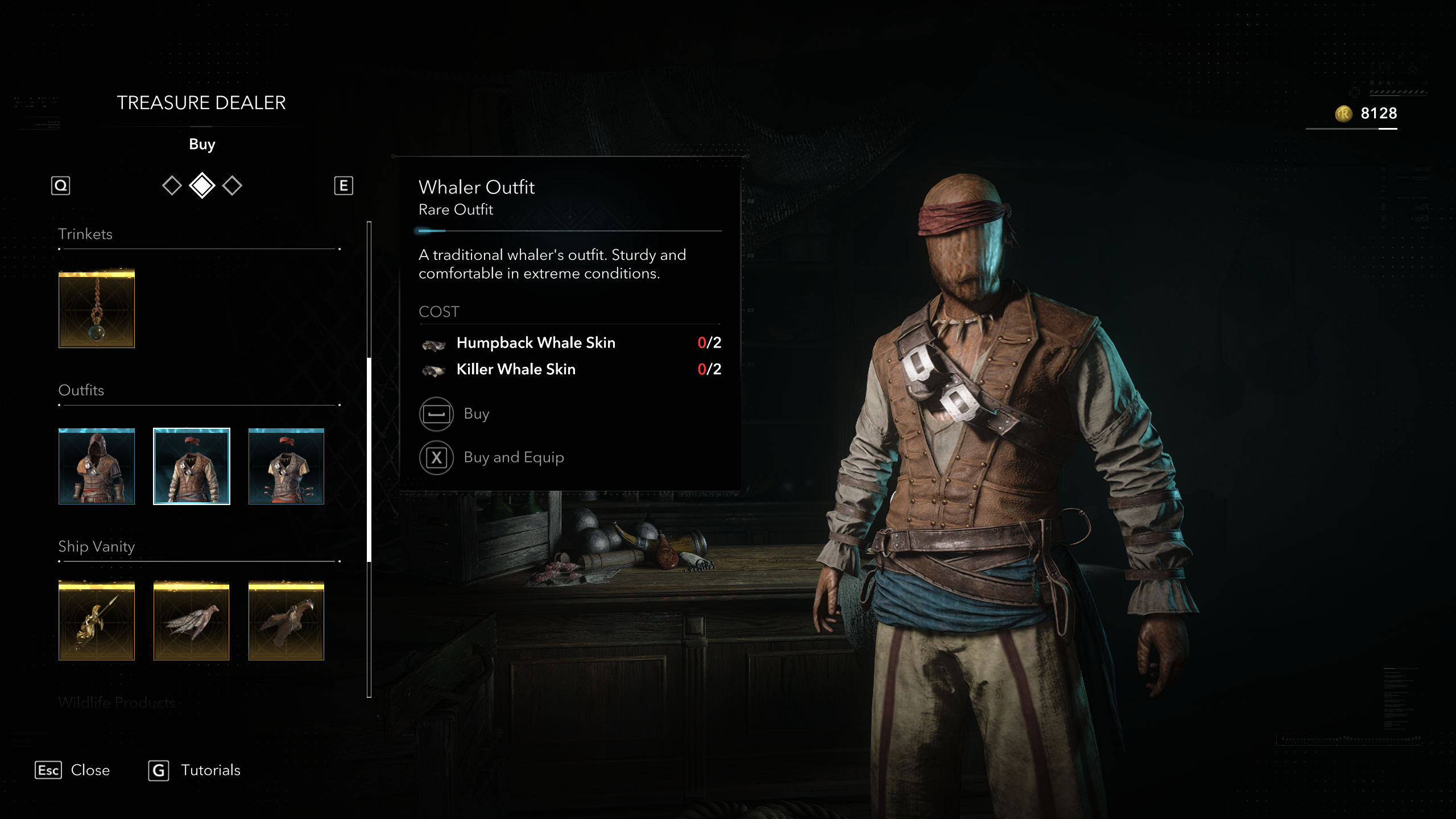 Black Flag outfits: The Whaler Outfit viewed in the Treasure Dealer menu.