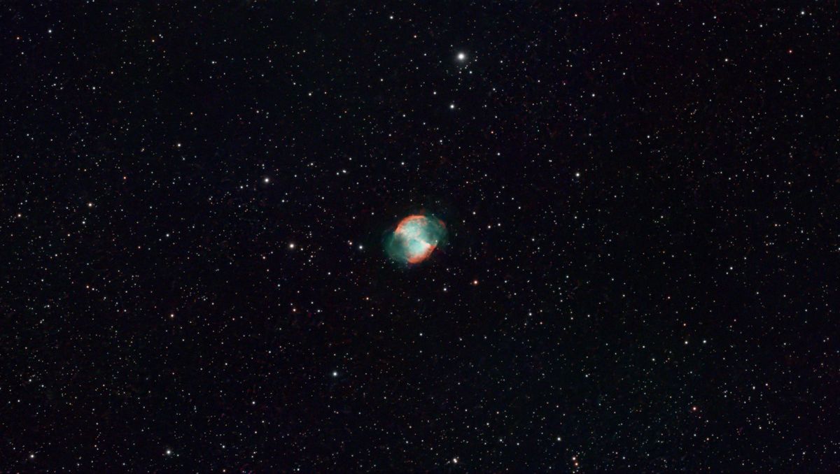 A photograph of the Dumbbell Nebula, taken with the Dwarf III smart telescope, processed in Pixinsight