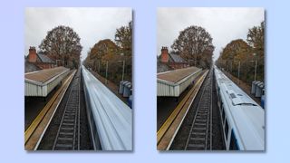 Screenshot showing steps to taking Long Exposure photos on a Google Pixel phone - Long exposure photo of train