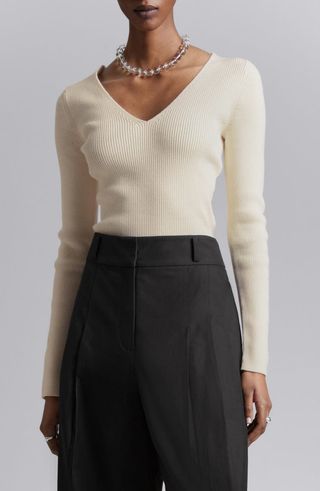 V-neck ribbed wool blend sweater