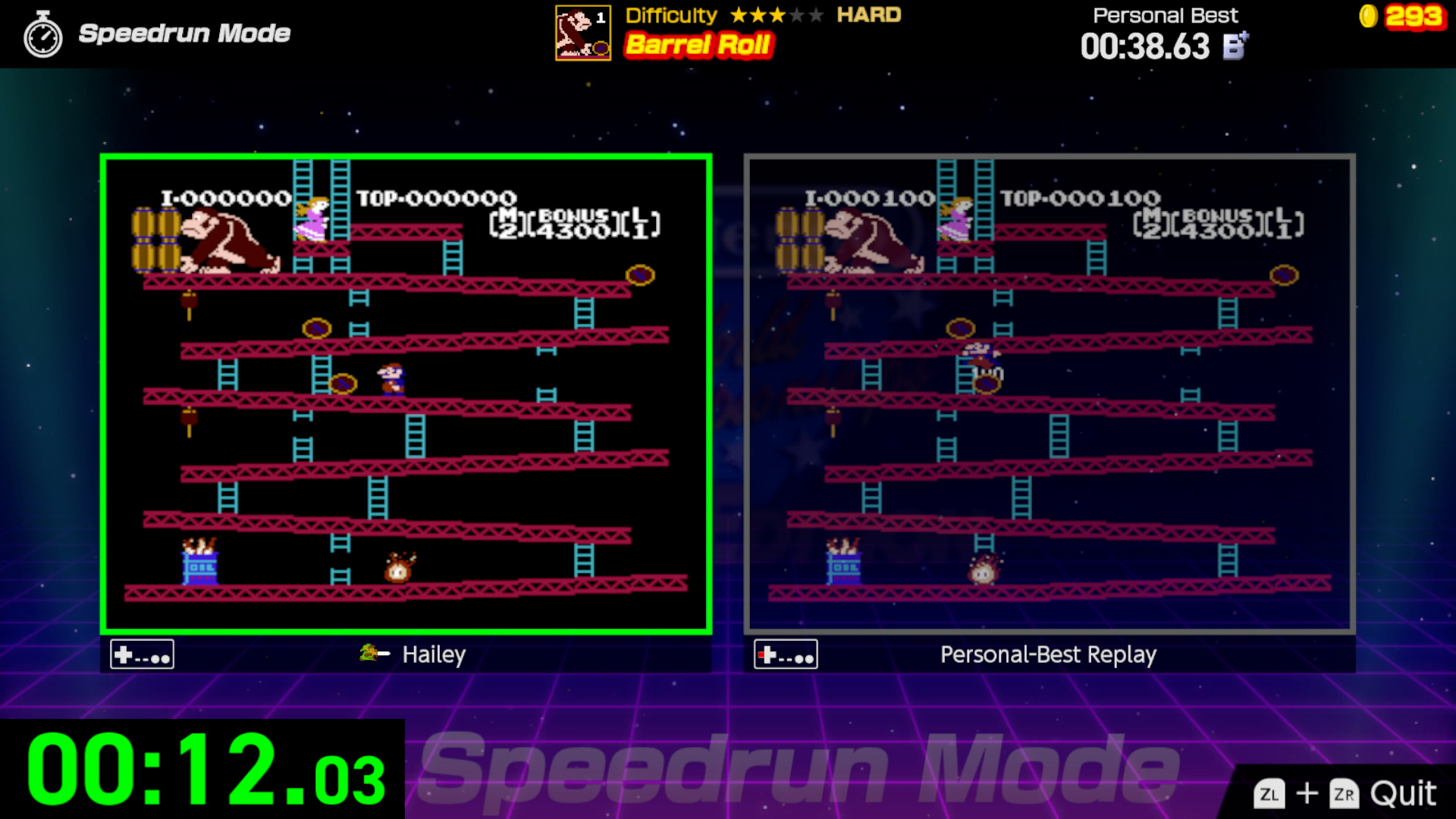 Una captura de pantalla que muestra el modo speedrun con Donkey Kong en Nintendo World Championships: NES Edition