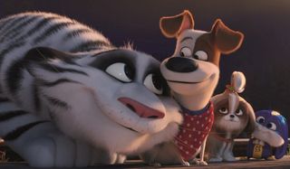 The Secret Life of Pets 2 a white tiger nuzzles Max, with friends by his side