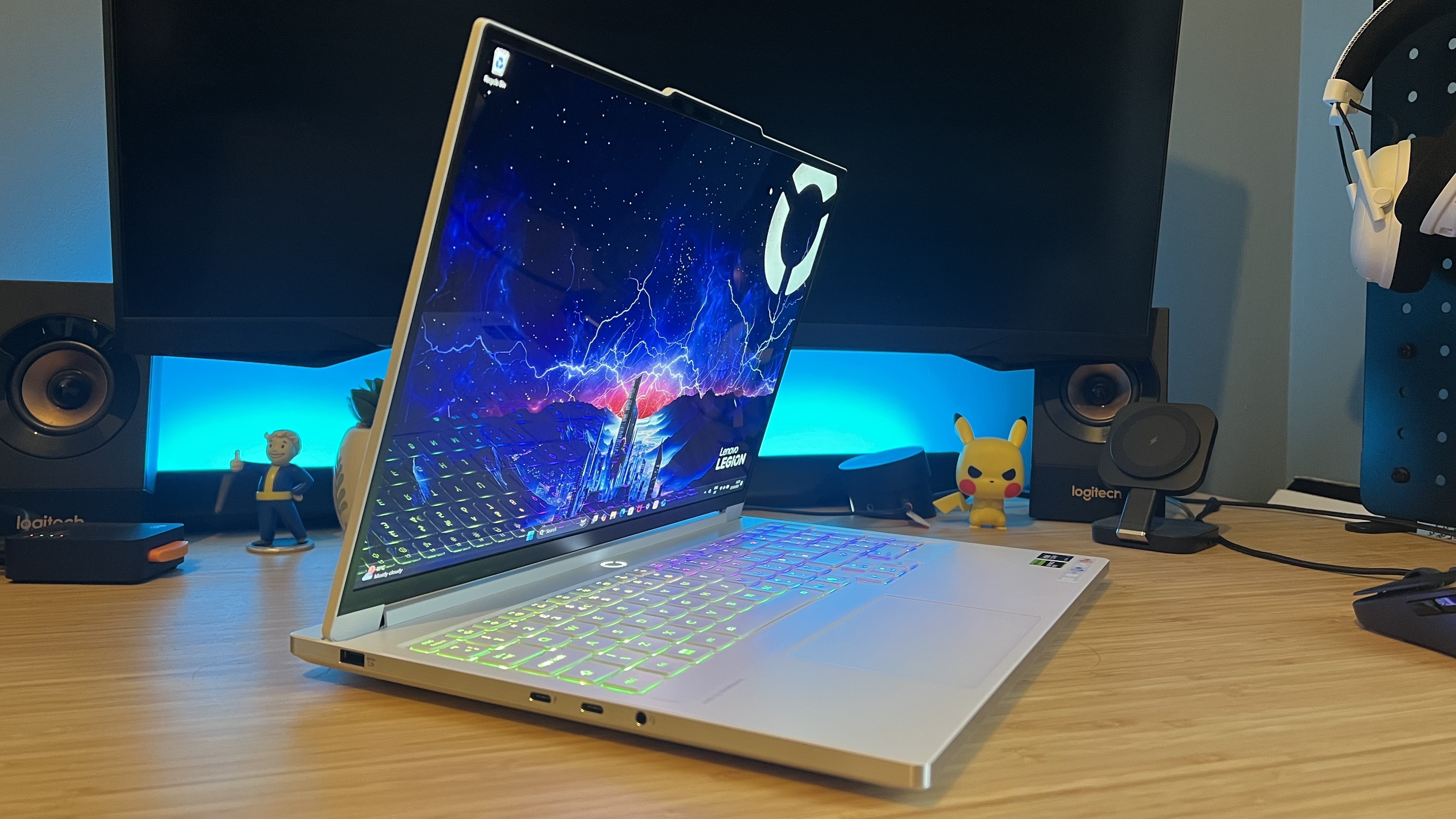 Lenovo Legion 7 gaming laptop on a wooden desk