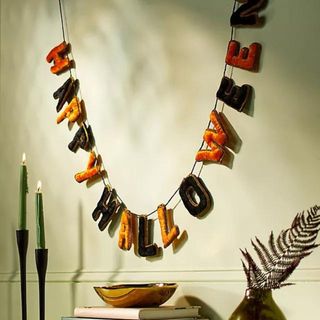 Happy Halloween Velvet Garland against a cream wall. 