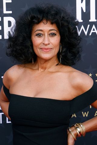 Tracee Ellis Ross is pictured with fluffy curls and a fringe at the 29th Annual Critics Choice Awards at The Barker Hangar on January 14, 2024 in Santa Monica, California.