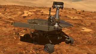 artist&#039;s illustration of Opportunity rover on the surface of Mars. 